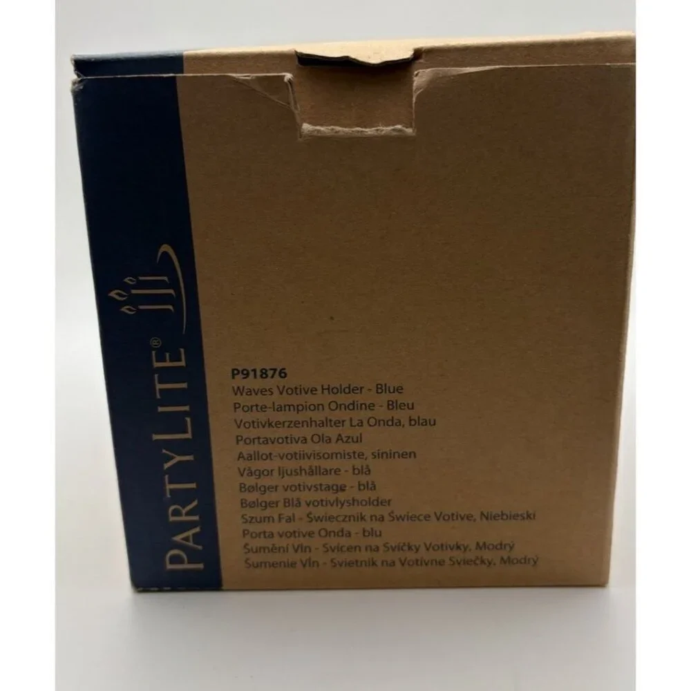 Partylite Waves Blue Votive Holder, Retired Coastal Glass Candle Holder NIB